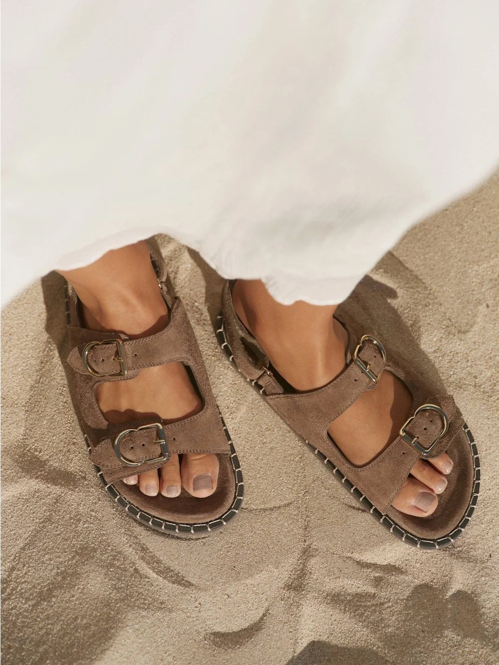 Mint Velvet | Aria Neutral Suede Double Buckle Sandals